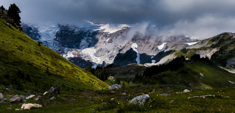 Glaciated alpine mountain with wildflowers in foreground and dramatic storm clouds above
